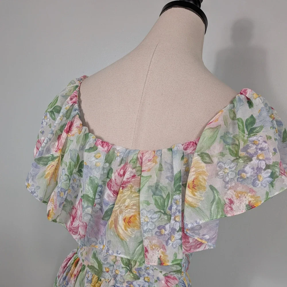 Vintage Lanz Midi Dress M Multi Floral 80s 90s Cottage Feminine Ruffle Summer